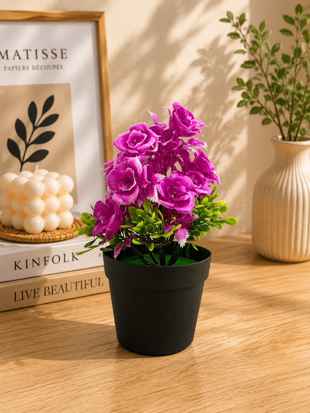 Artificial Purple Rose Flower Plant with Black Decorative Pot for Home & Office Decor(pack of 1)