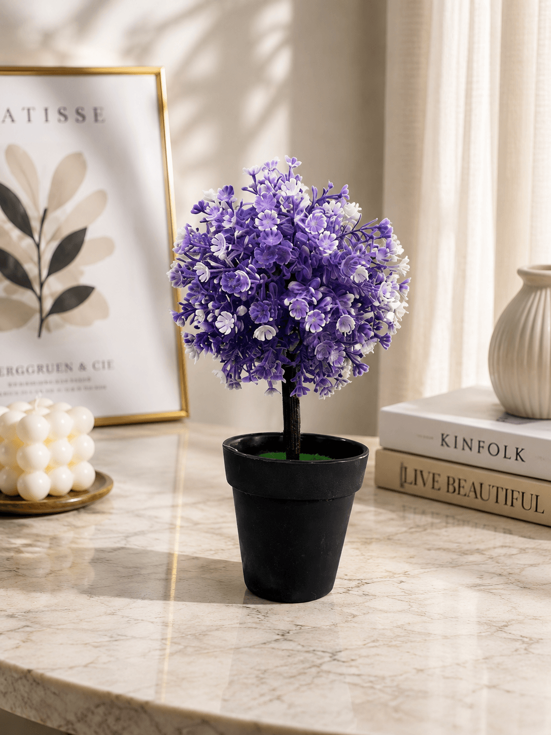 Artificial Light Purple Flower Plant with Black Pot – Decorative Tabletop Plant for Home & Office Décor(pack of 1)