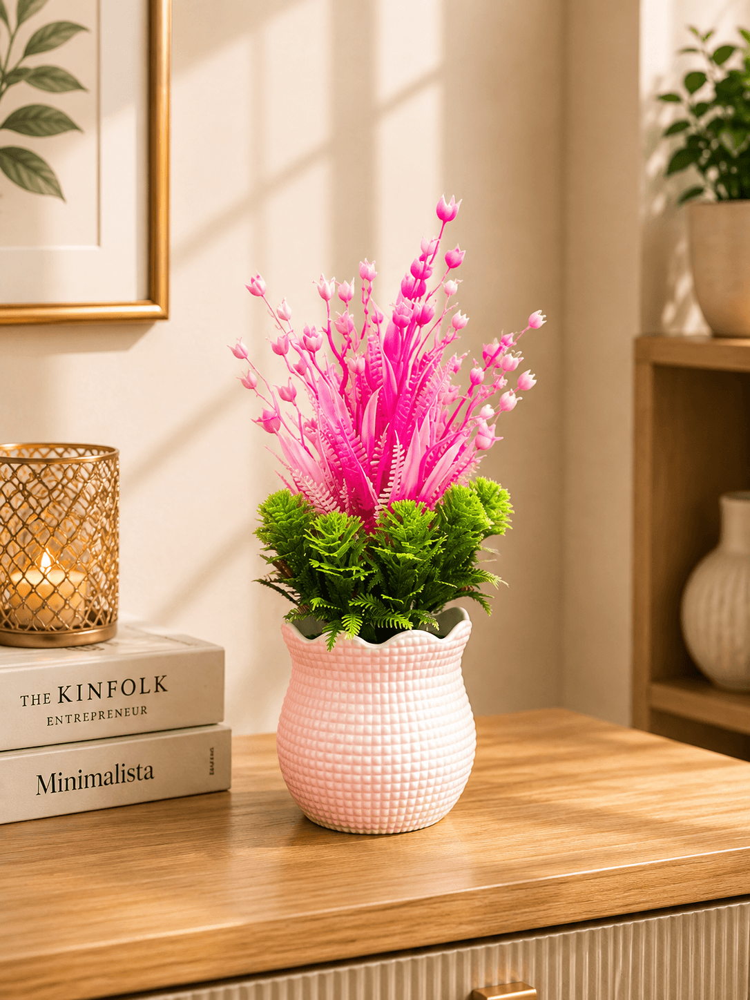 Big White Pot with Pink Sunflower & Greenery Artificial Flower Arrangement(pack of 1)