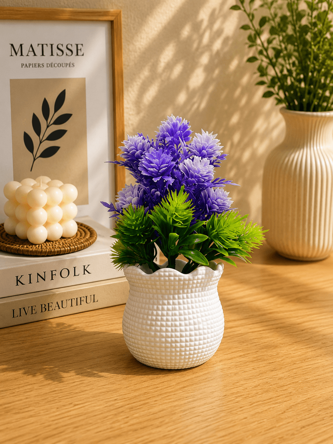 Artificial Purple Flower Plant with Green Leaves in White Decorative Pot for Home, Office, Tabletop and Living Room Decoration(pack of 1)