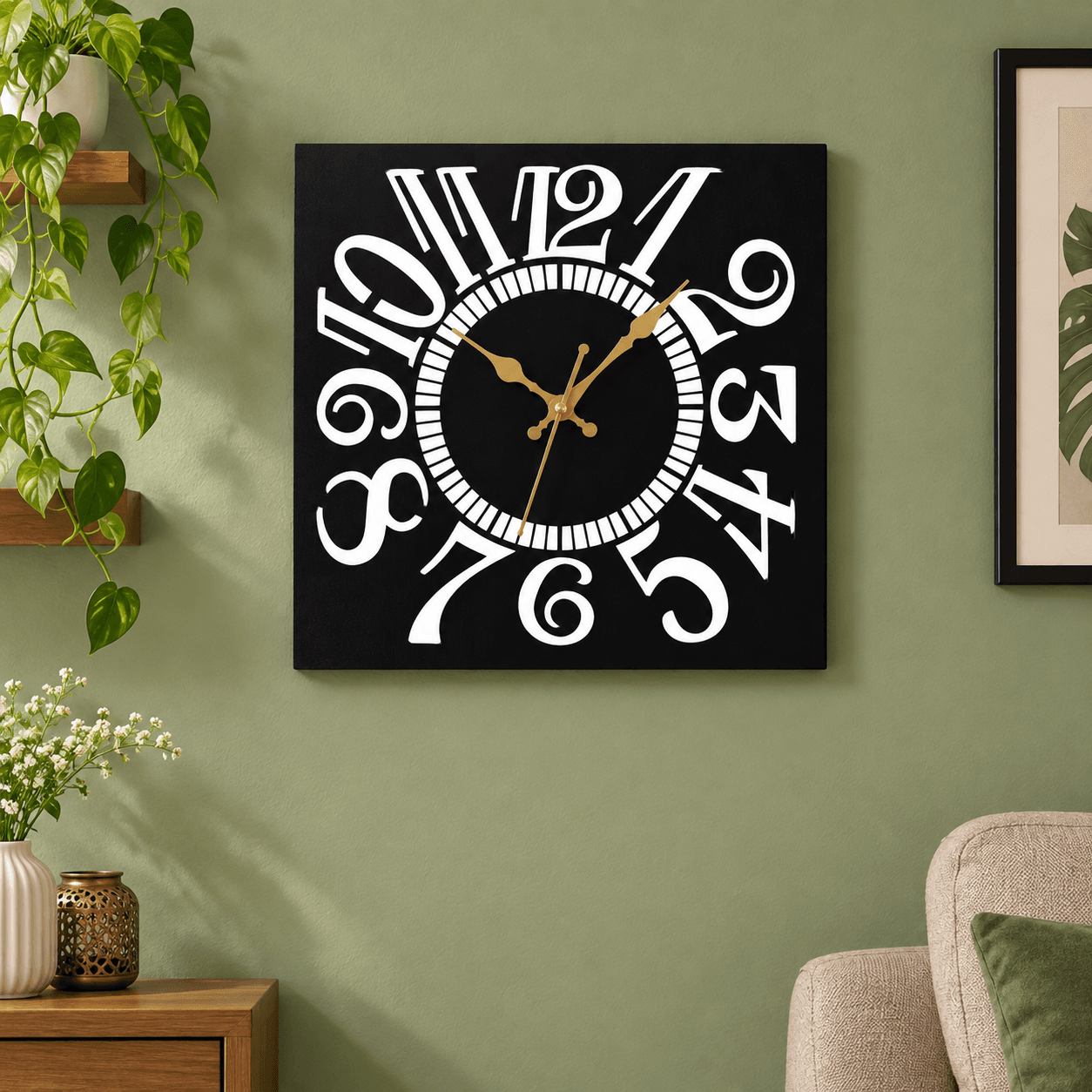 Modern Black Square Wall Clock with White Artistic Numerals and Golden Hands for Living Room, Bedroom, Office and Home Décor – 38 × 38 cm