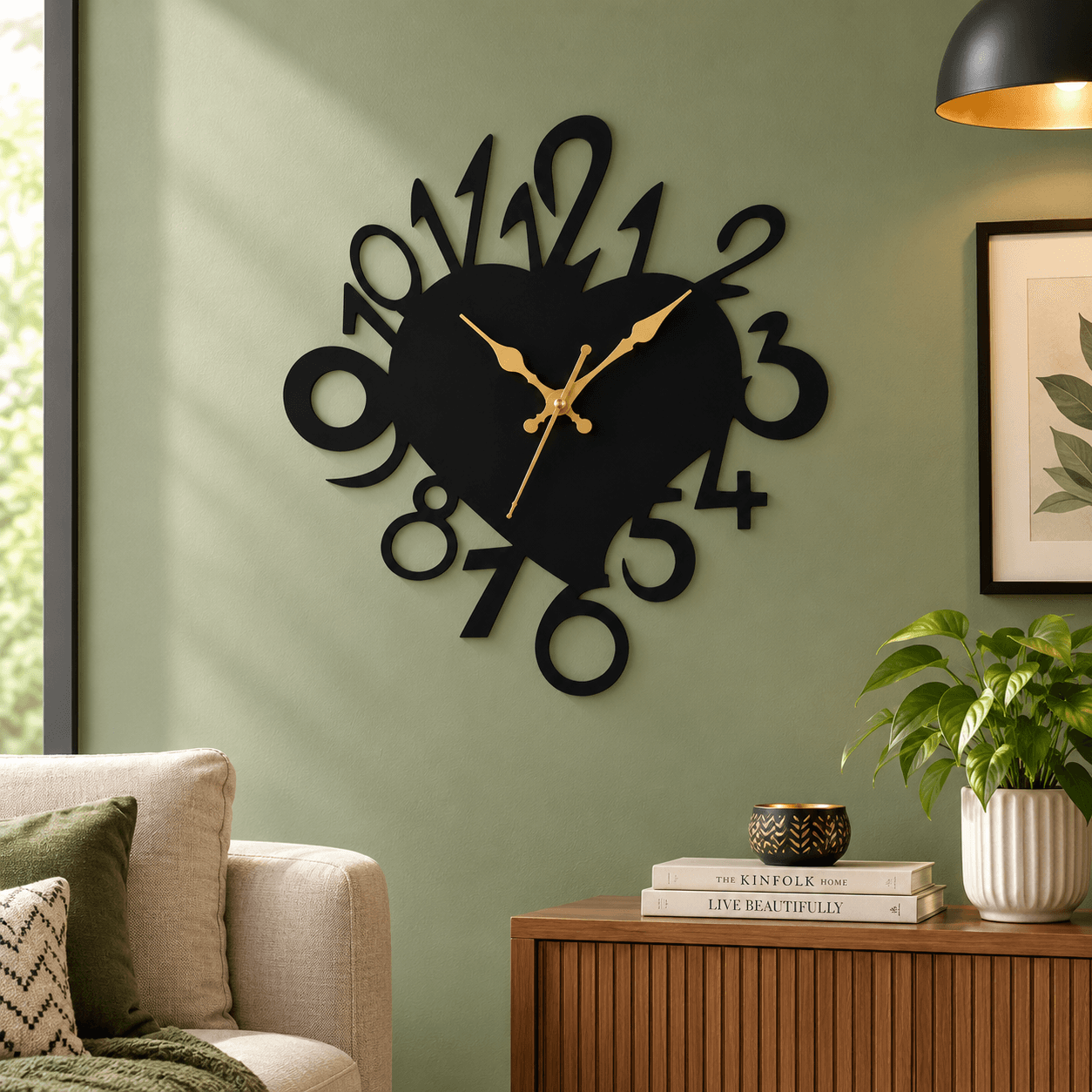 Modern Black Designer Wall Clock with Golden Hands and Artistic Open Numerals for Living Room, Bedroom, Office and Home Décor – 38 × 35 cm