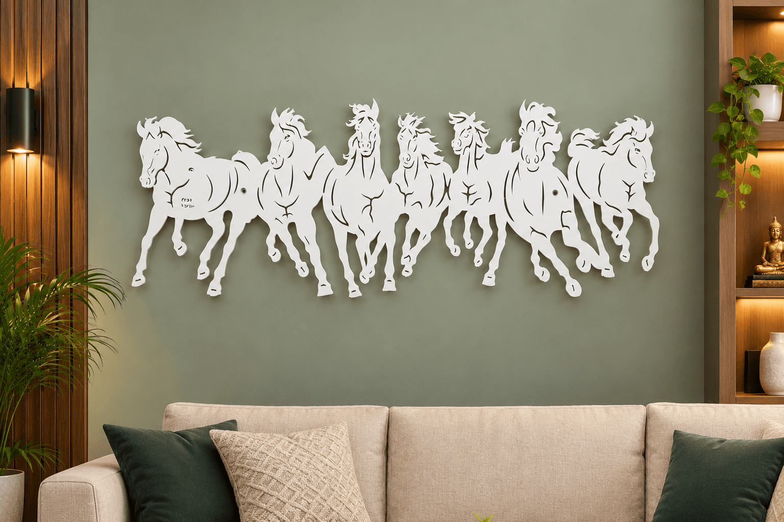 White Metal 7 Running Horses Wall Art for Living Room, Bedroom & Office Decoration(24*9 inch)