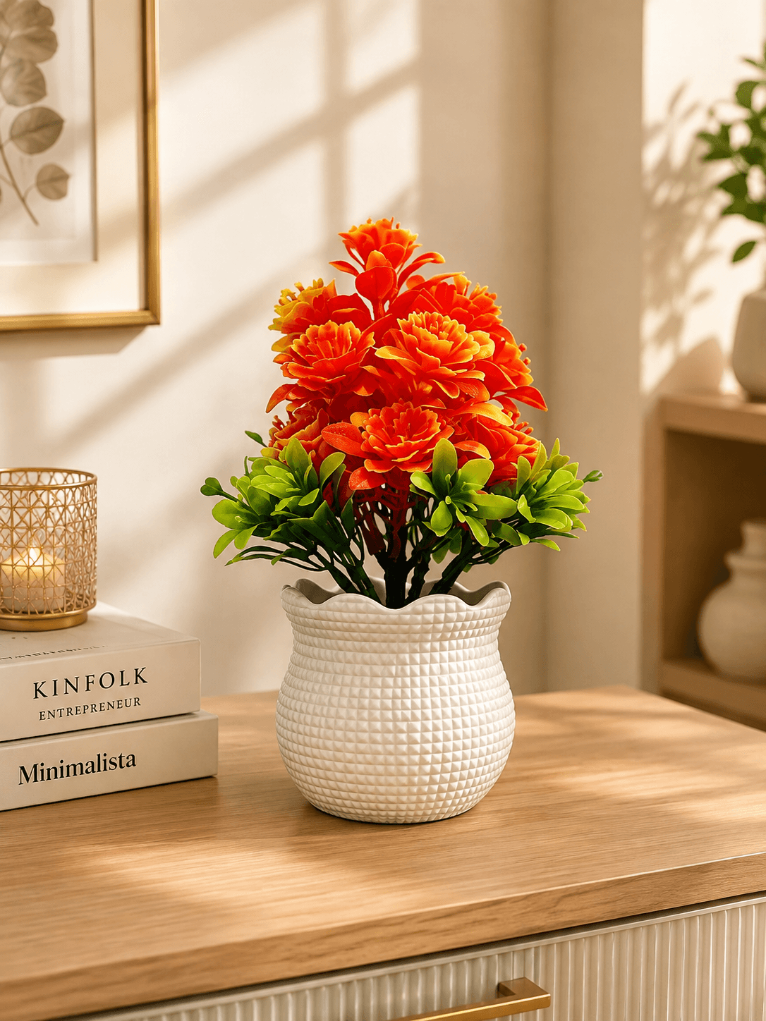 Orange Artificial Flower Plant in White Decorative Pot – Small Leaf(pack of 1)