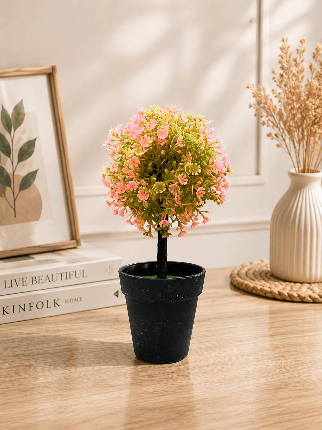 Artificial Light Pink Flower Plant with Black Pot – Decorative Tabletop Plant for Home & Office Décor(pack of 1)