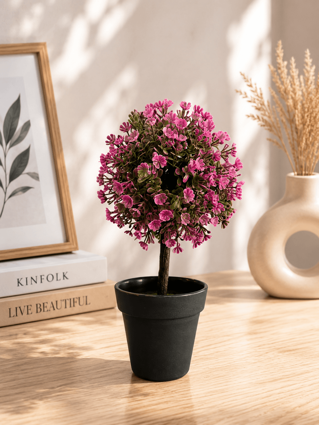 Artificial Pink Flower Topiary Plant with Black Pot9 pack of 1)