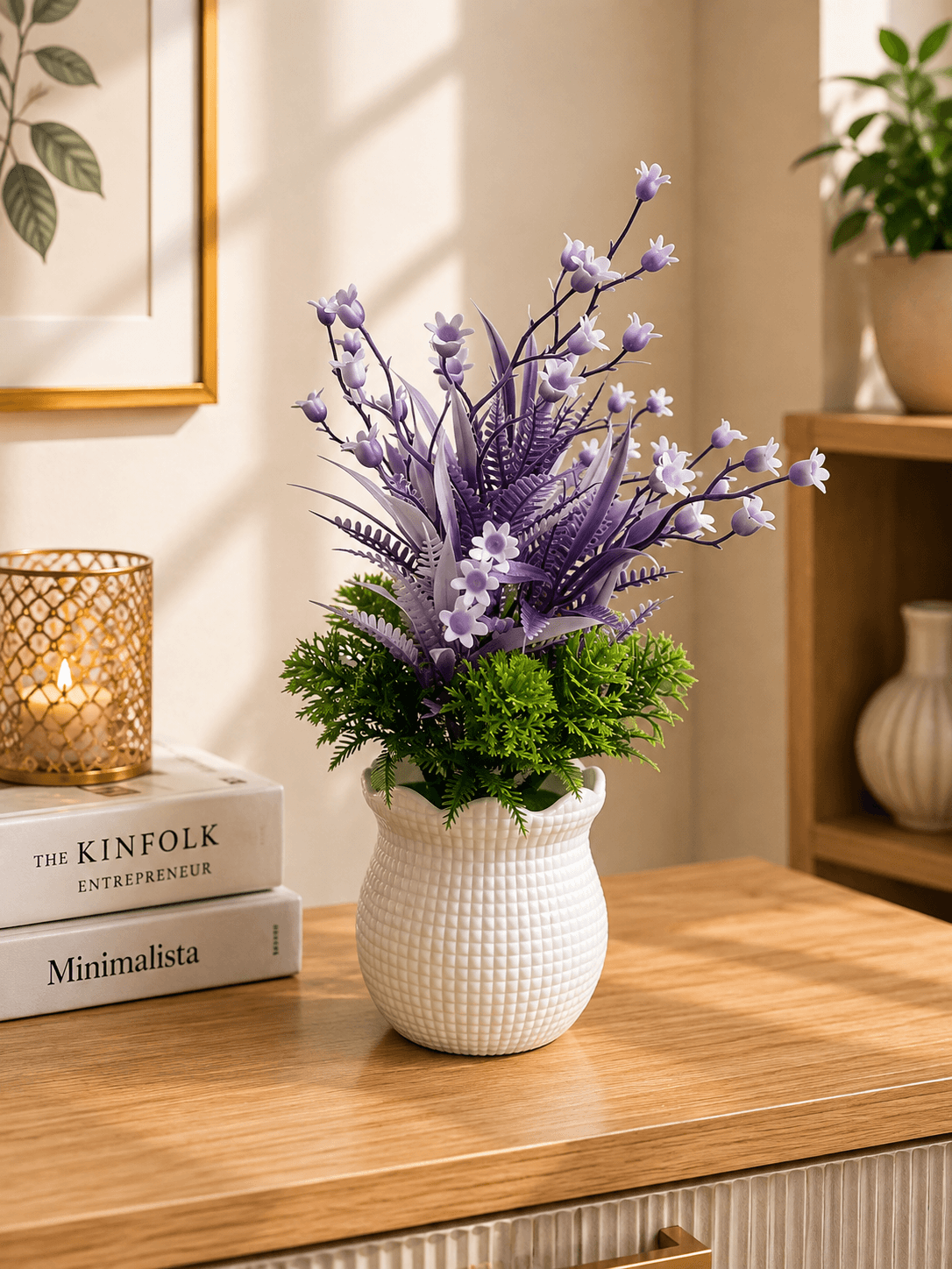 Artificial Purple Flower Plant with White Textured Decorative Pot for Home & Office Décor(pack of 1)