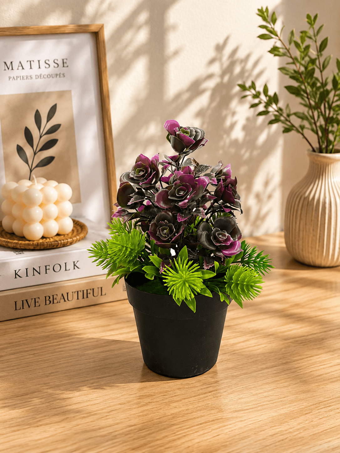 Artificial Purple Rose Flower Arrangement in Black Pot(pack of 1)