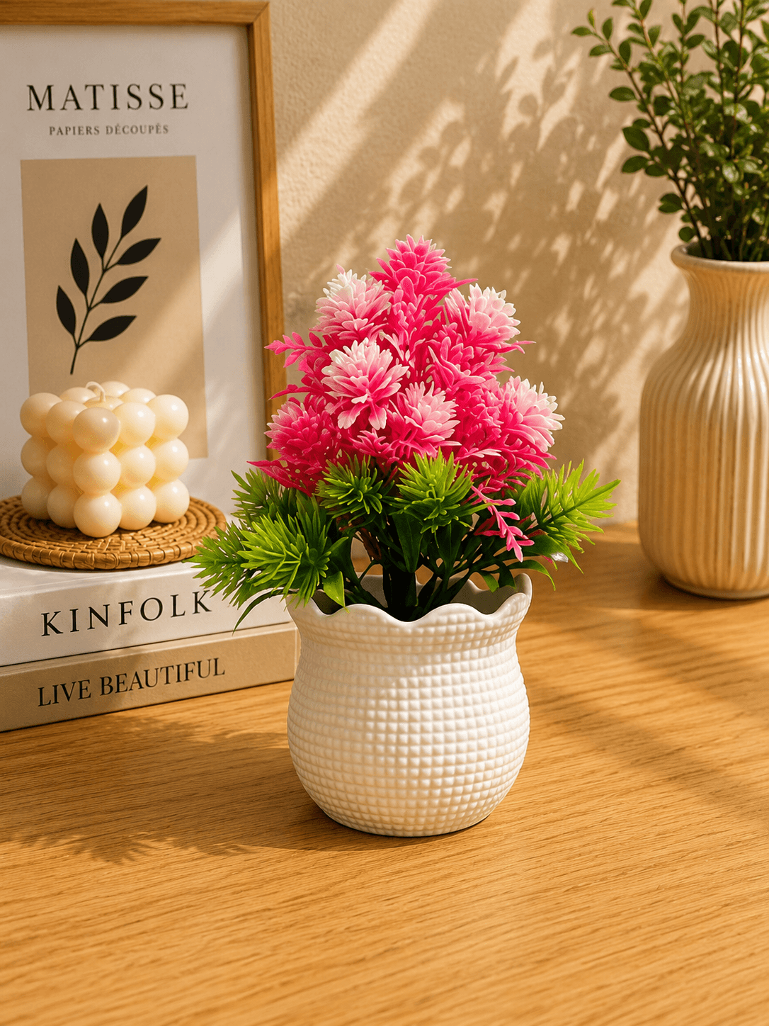 Artificial Pink Flowers with Green Leaves in White Decorative Pot(pack of 1)