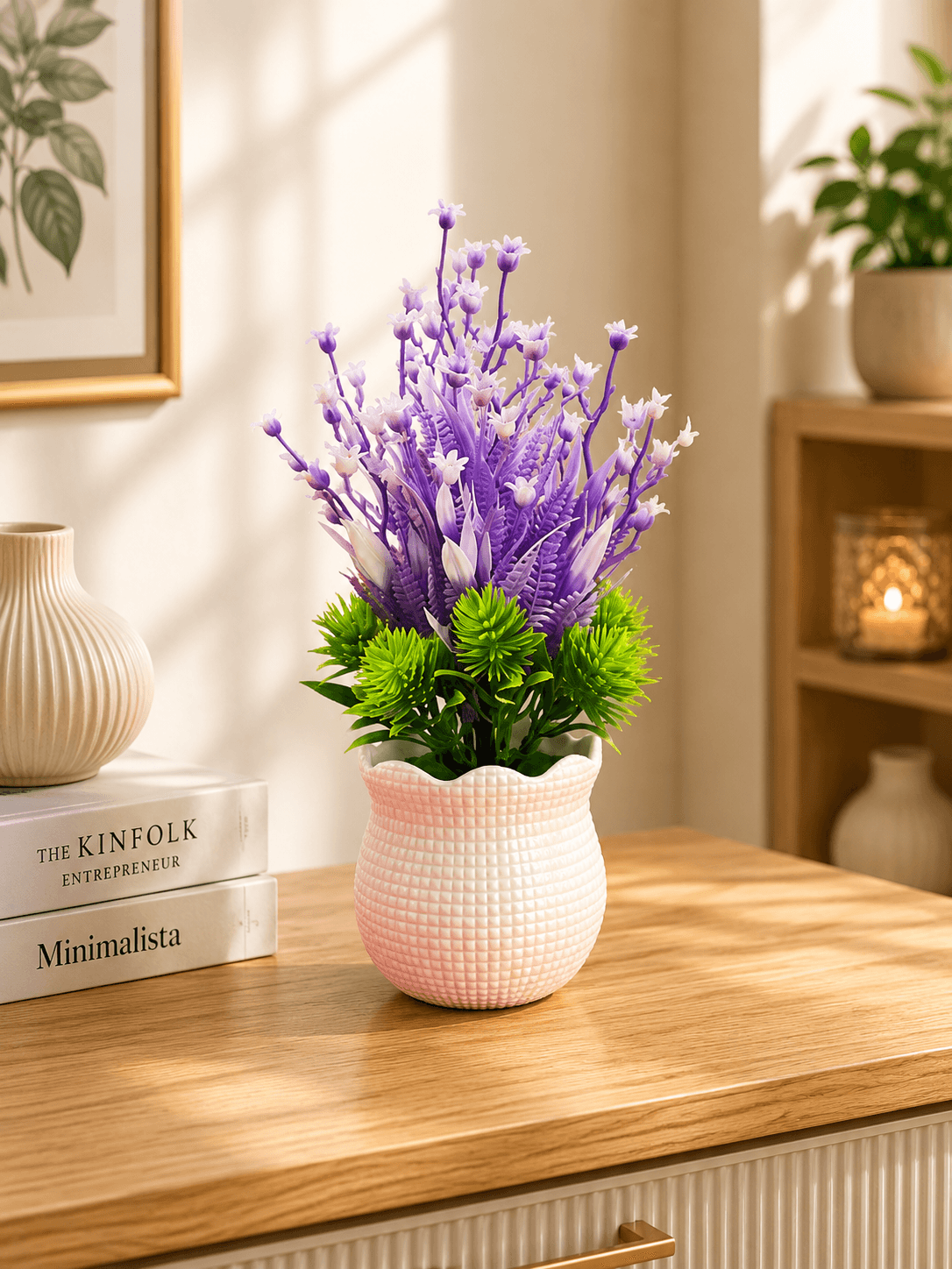 Big White Pot with Big Leaf Purple Sunflower Artificial Flower Arrangement(pack of 1)