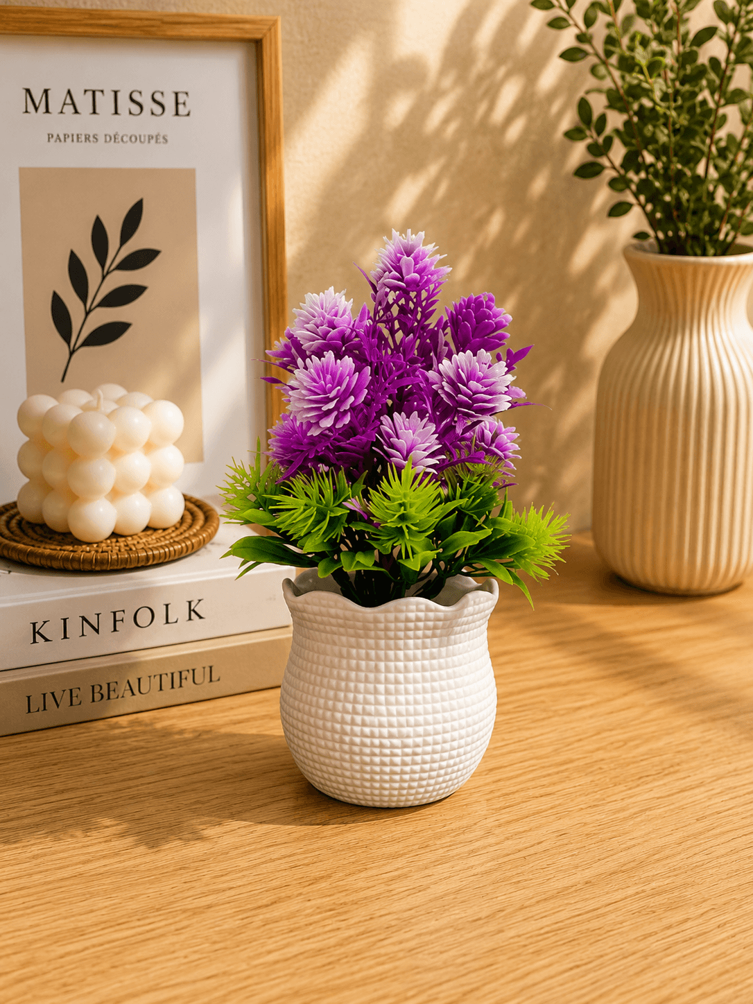 Artificial Purple & Pink Flowers with Greenery in White Decorative Pot(pack of 1)