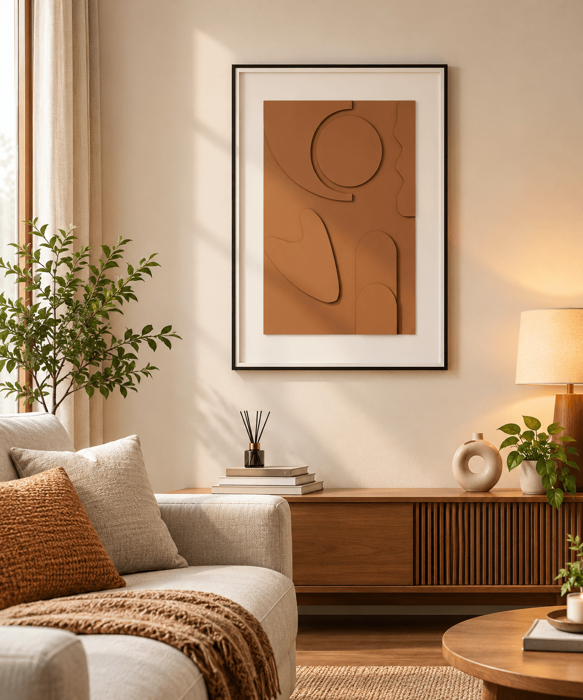 Modern Abstract 3D Textured Wall Art with Black Frame, Terracotta Brown Geometric Artwork for Living Room, Bedroom and Office Wall Décor – 80 × 120 cm