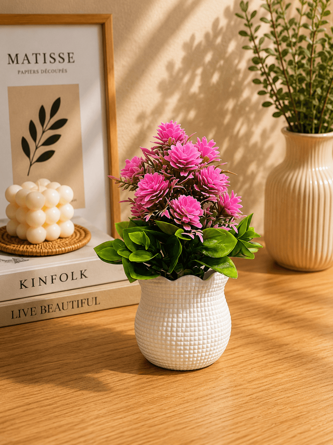 Artificial Pink Flower Plant with Big Green Leaves in White Decorative Pot for Home and Office Decoration(pack of 1)