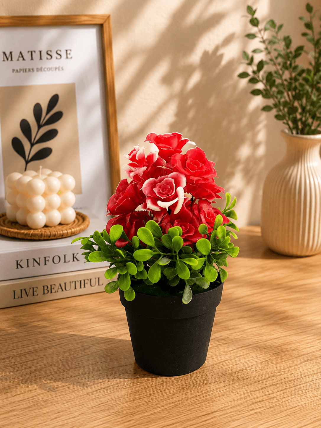 Artificial Red Rose Flower Plant with Black Decorative Pot for Home & Office Decor(pack of 1)